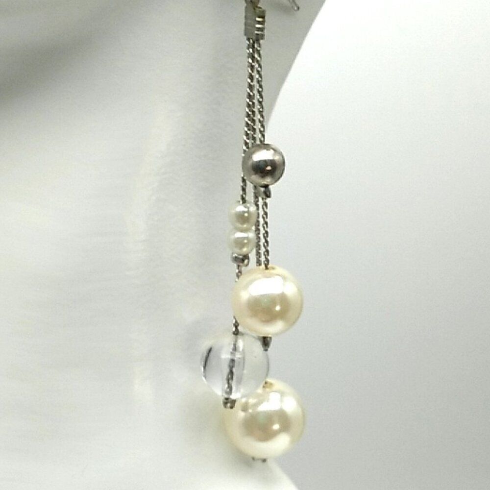 Faux Pearl Clear Bead Silver-tone Dangle Earrings